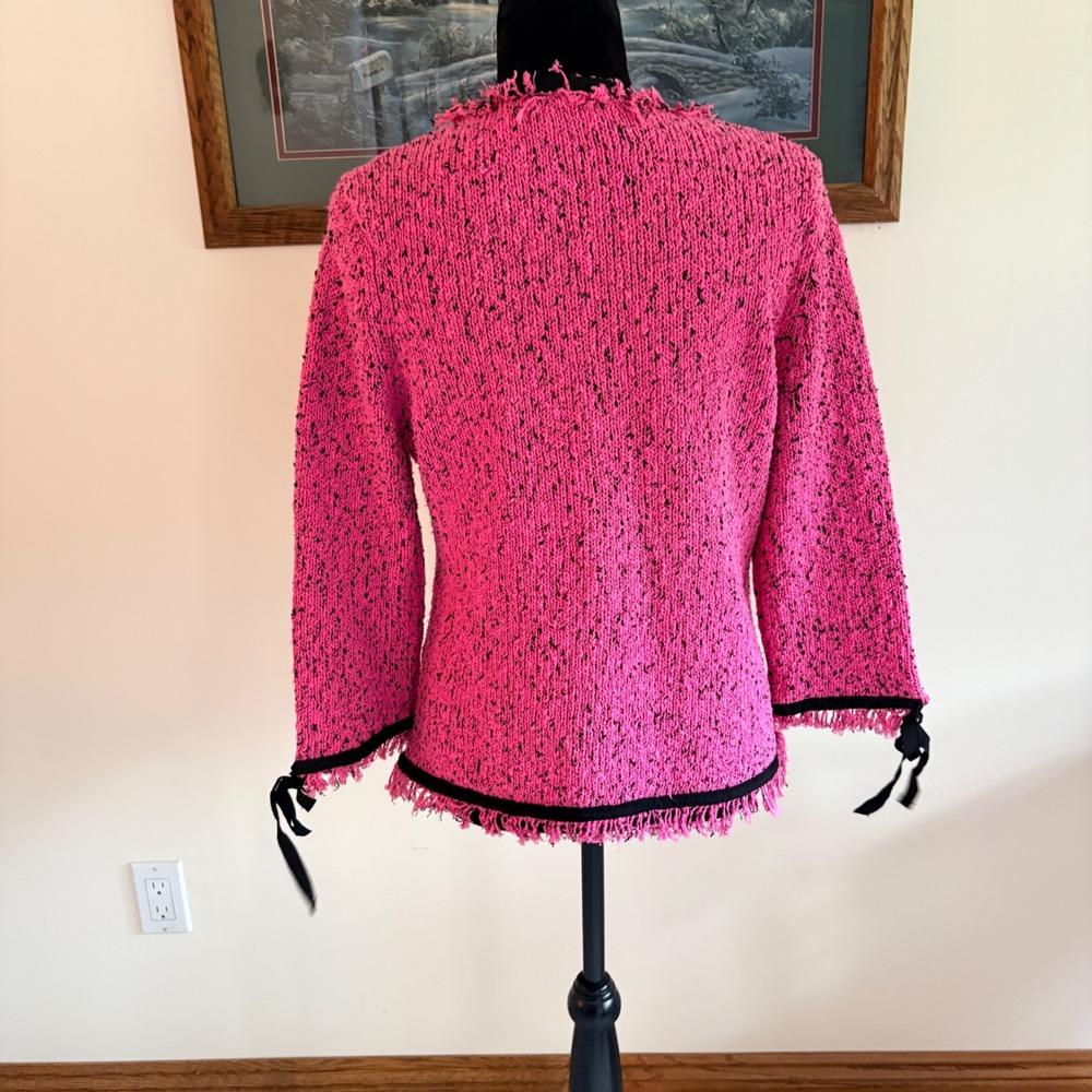 Lauren Hansen Silk Blend Boucle Knit Jacket Womens Large Pink‎ Fringe Zip Up - Picture 2 of 7